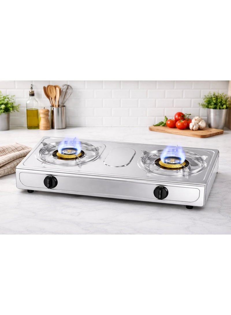 Flexy FGS2013SS - Double Burner Stainless Steel Gas Stove, Auto Ignition, Blue Flame, Heavy Cast Iron Burners, Low Gas Consumption, Japanese Piezo, Premium Quality, 2-Year Warranty - Image 2
